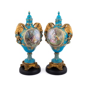 PR. OF SEVRES LOUIS XVI REVIVAL BLEU CELESTE URNS