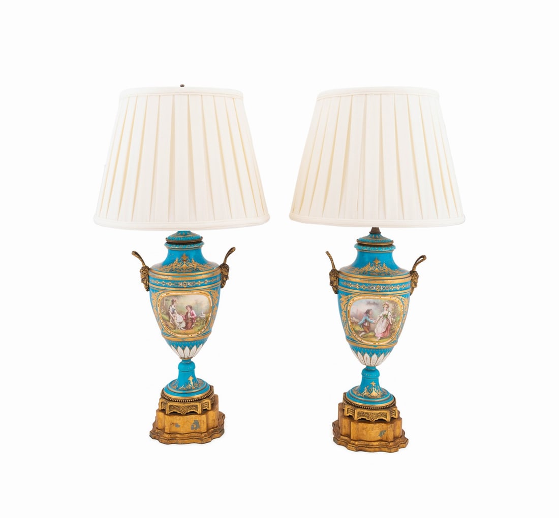 PAIR OF BLEU CELESTE LAMPS, MANNER OF SEVRES (1 of 7)