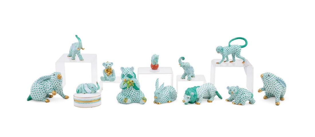HEREND, 12 GREEN FISHNET ANIMAL FIGURES (1 of 20)