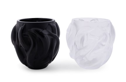 LALIQUE, TWO 'DAUPHINS' VASES, COLORLESS & BLACK
