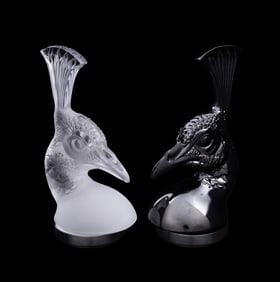 LALIQUE, PAIR OF PEACOCK CAR MASCOTS, NO. 1140