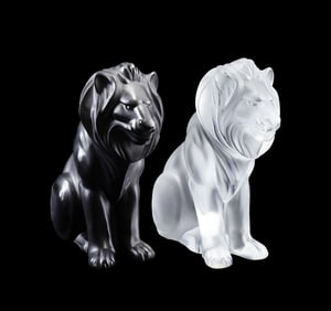 LALIQUE, 2 BLACK & FROSTED SEATED LION FIGURINES