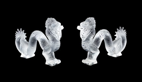 LALIQUE PAIR OF COLORLESS CRYSTAL WRITHING DRAGONS