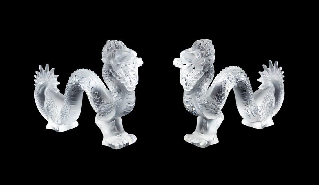 LALIQUE PAIR OF COLORLESS CRYSTAL WRITHING DRAGONS (1 of 9)