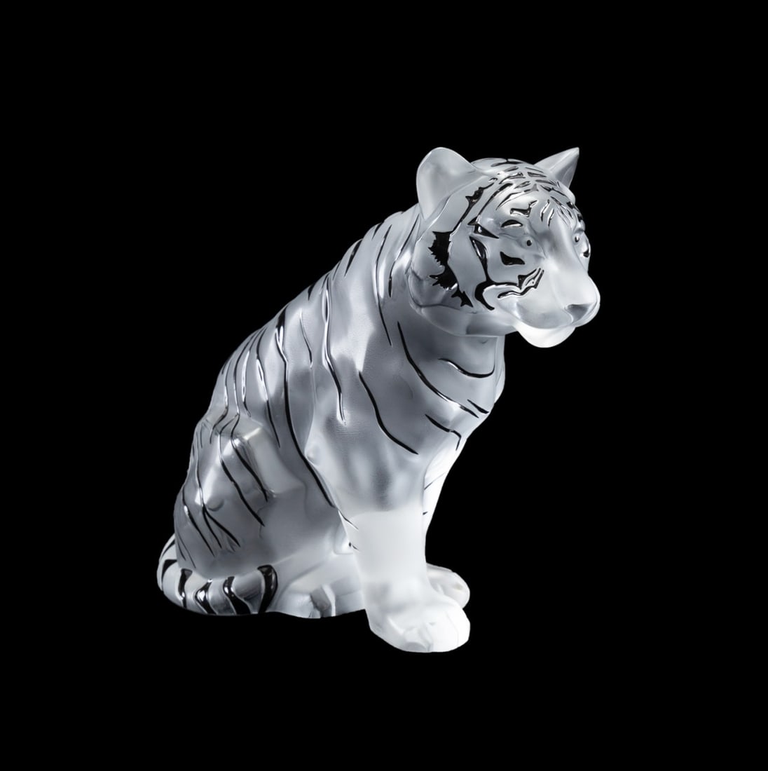 LALIQUE BLACK ENAMELED CRYSTAL 'SITTING TIGER' (1 of 8)