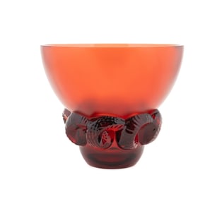 LALIQUE, BOA SNAKE RED ORANGE GLASS VASE, C. 2005