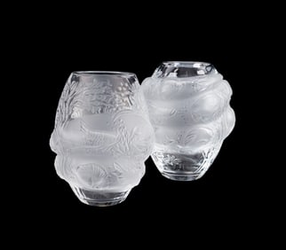 TWO LALIQUE FISH MOTIF CRYSTAL VASES