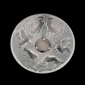 LALIQUE ROOSTER MOTIF CRYSTAL CENTER BOWL