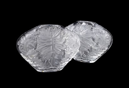 LALIQUE TWO 'MAHE CLAIR' LEAF MOTIF CRYSTAL VASES