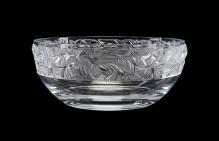 LALIQUE FROSTED & CLEAR LEAF BORDER CRYSTAL BOWL