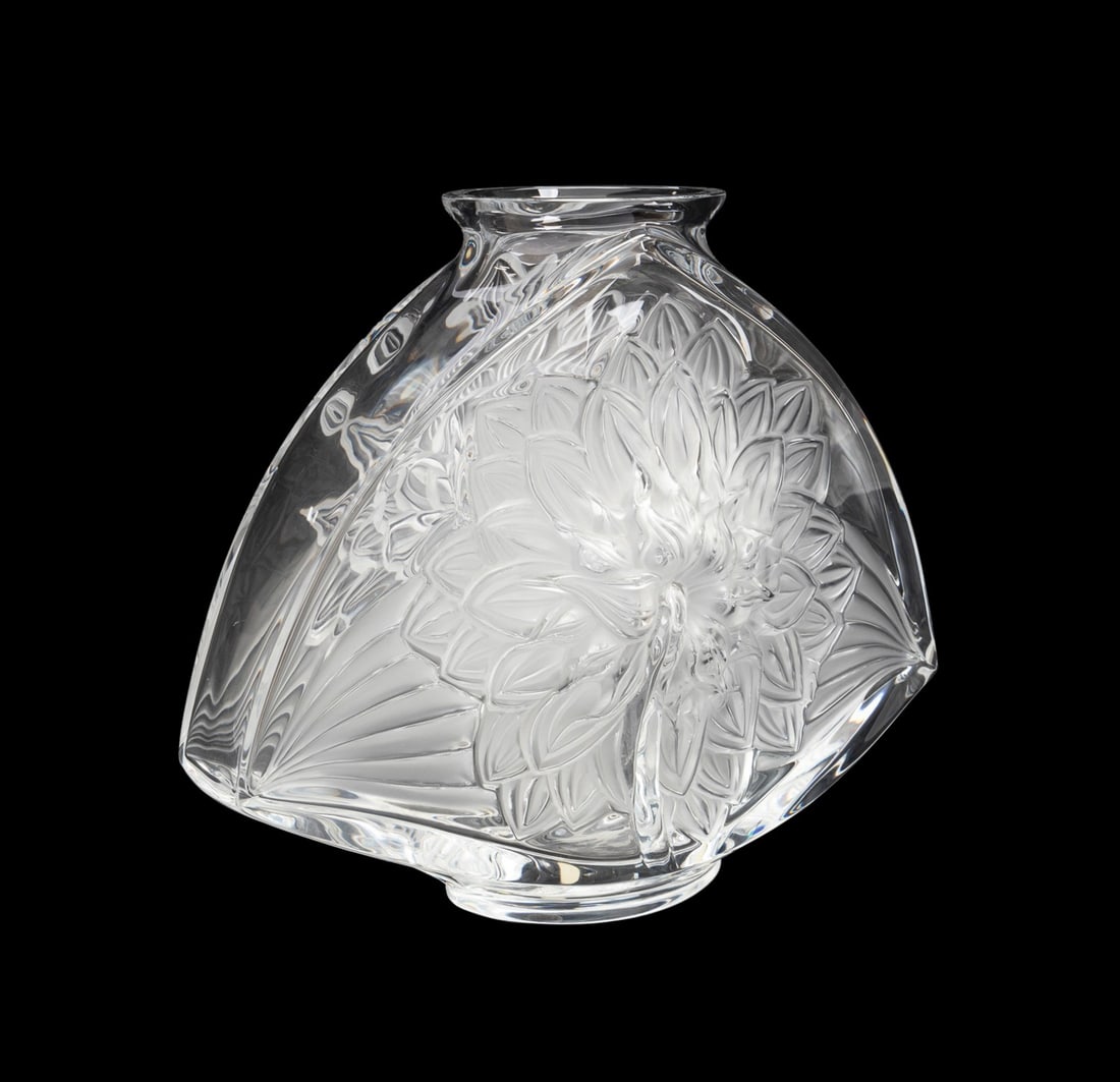 LALIQUE 'DAHLIA' TRIANGULAR CRYSTAL VASE: Lalique (French, founded 1888), contemporary. "Dahlia" colorless and frosted crystal vase, acid etched "Lalique France" to underside. Provenance: Private Collection of an Esteemed Gentleman, Atlanta,