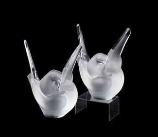 LALIQUE, PAIR OF 'SYLVIE' DOVE CRYSTAL VASES