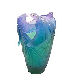 DAUM, BIRDS OF PARADISE PATE DE VERRE VASE, 4/50: Daum (French, founded 1878), late 20th century. "Birds of Paradise" (Oiseau de Paradis) limited edition purple, blue, and green pate de verre vase, having silver mounts accented with diamonds, sapphir