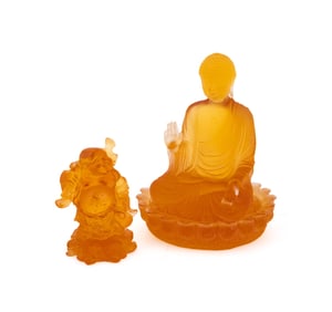 DAUM, TWO AMBER PATE DE VERRE BUDDHAS