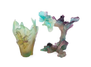 DAUM, PATE DE VERRE CANDLE PRICKET & CATTLEYA VASE