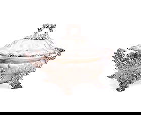 GEORGIAN OLD SHEFFIELD PLATE ARMORIAL TUREEN: Waterhouse & Co (English), first quarter 19th century. Georgian Old Sheffield silver plate armorial tureen or vegetable dish, having a coat of arms with three fleur de lis dexter and three stag heads