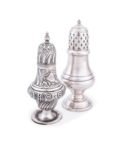 TWO SILVER SUGAR CASTERS, STERLING AND PLATE