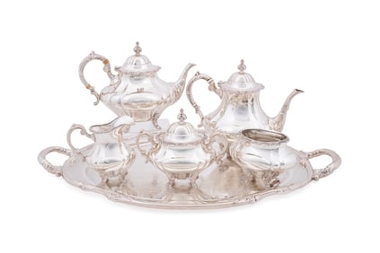 REED & BARTON 5PC SILVER TEA SERVICE & PLATED TRAY