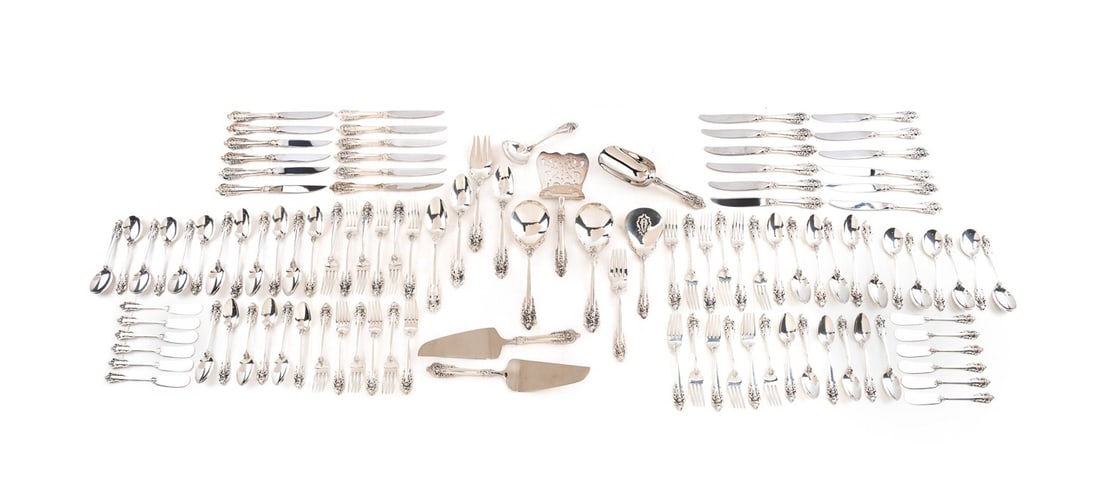 WALLACE 'GRAND BAROQUE' STERLING FLATWARE FOR 12: Wallace Silversmiths Inc. (American, founded 1871). Set of 109-pieces of "Grand Baroque" (pattern introduced 1941) sterling silver flatware service for 12 comprising, 12 forks (7.5"), 12 salad forks (
