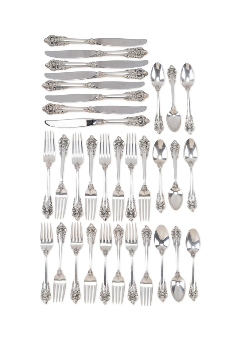 WALLACE 'GRAND BAROQUE' STERLING FLATWARE FOR 8: Wallace Silversmiths (American, founded 1871). Set of 33 pieces of "Grand Baroque" (pattern introduced 1941) sterling silver flatware for 8 comprising, 8 forks (7.5"), 8 European salad forks (6.625"),