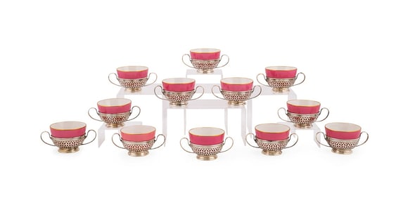 SEVRES CUPS IN GORHAM STERLING BOUILLON HOLDERS