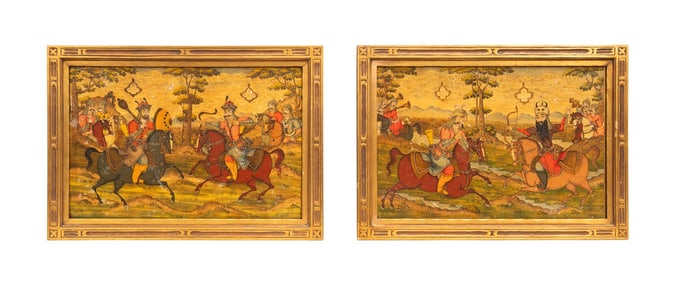 PAIR OF PERSIAN QAJAR STYLE EQUESTRIAN PAINTINGS