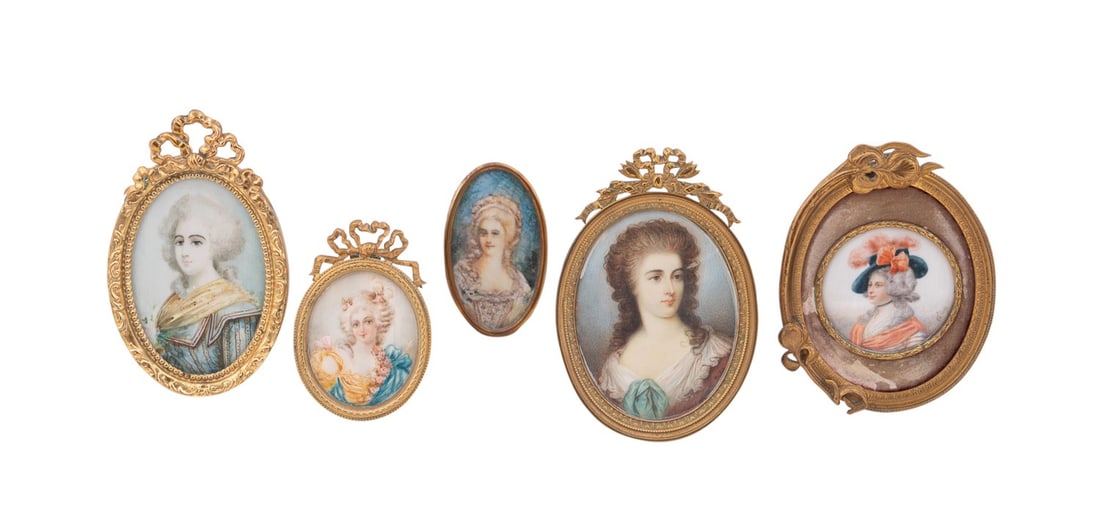 CONTINENTAL SCHOOL, FIVE MINIATURE PORTRAITS: Continental School, 20th century. Group of four framed miniature portraits, likely on bone, of ladies in 18th / 19th century dress, subjects include Madame Elisabeth of France (French, 1764-1794), sig