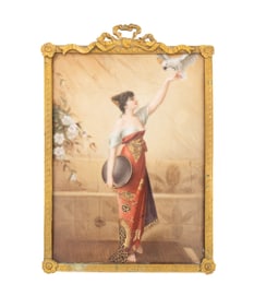 AFTER C. KIESEL, LADY AND PARROT PORCELAIN PLAQUE