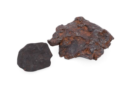 TWO METEORITES,ONE IRON THE OTHER IS A STONE TYPE