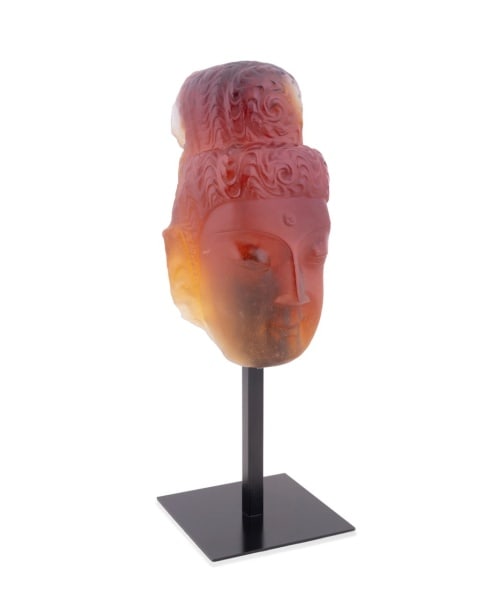 DAUM AMBER BODHISATTVA SCULPTURE: Daum (French, founded 1878), contemporary. Limited edition amber Bodhisattva pate de verre figure, on stand, retaining a Neimen-Marcus label, marked appropriately and numbered 54 or 84 of 288. Provena