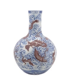CHINESE BLUE & WHITE VASE WITH IRON-RED DRAGONS