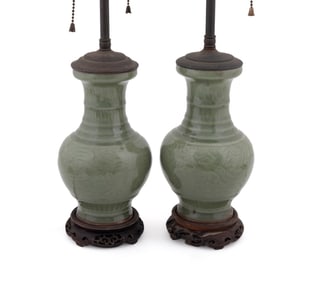 CHINESE, PAIR OF CELADON VASES MOUNTED AS LAMPS