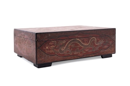 CHINESE RED LACQUERED MYTHICAL BEASTS BOX