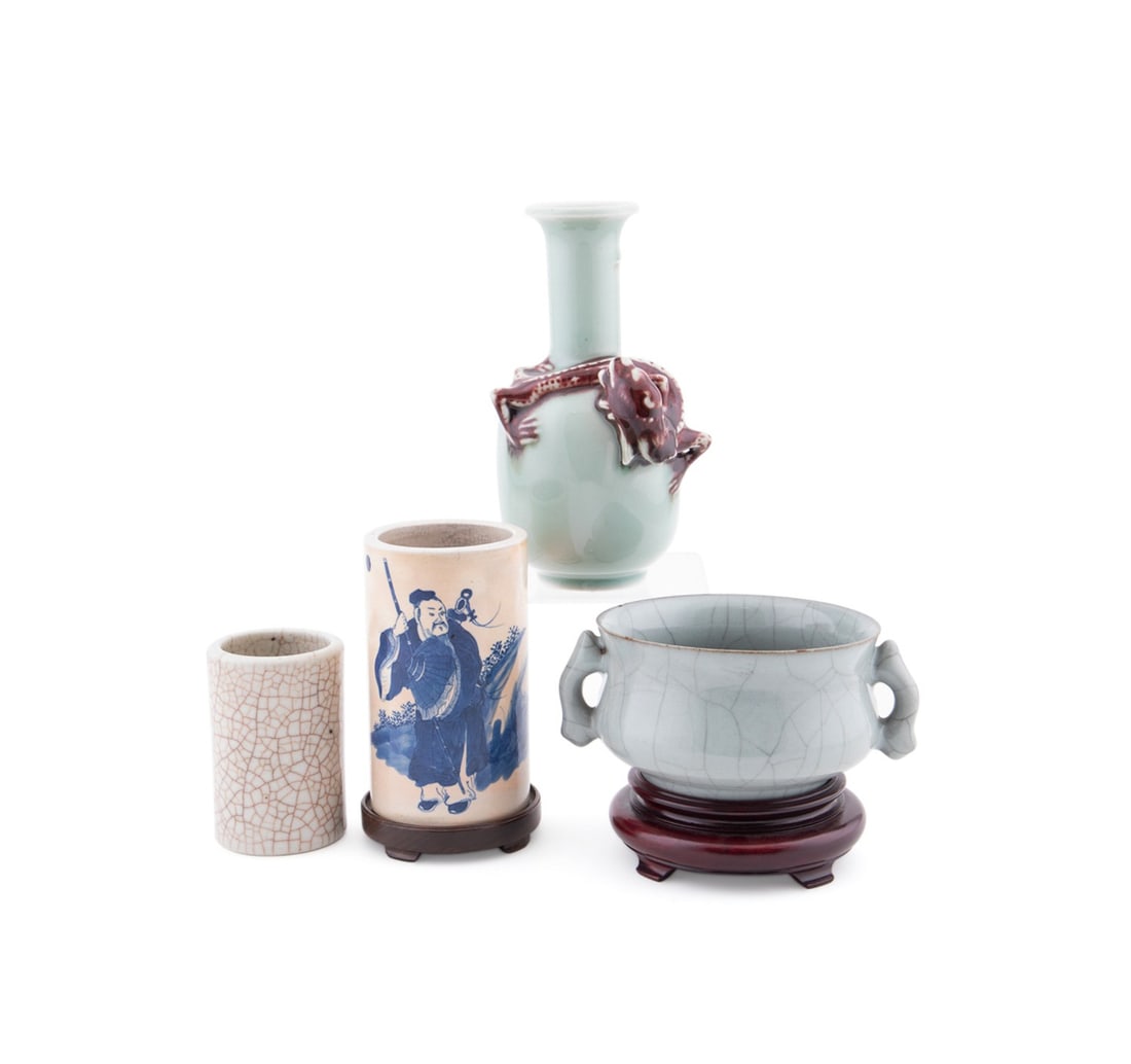 CHINESE, TWO PORCELAIN BRUSH POTS, CENSER, & VASE (1 of 7)