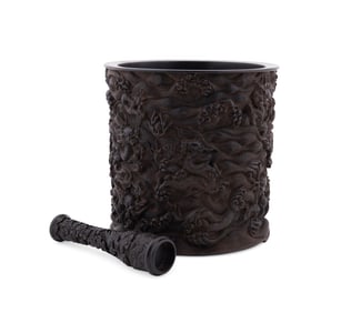 CHINESE ZITAN DRAGON BRUSH POT & BRUSH HANDLE