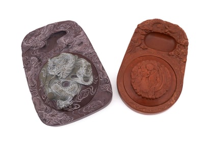 CHINESE, TWO DRAGON AND PHOENIX INKSTONES