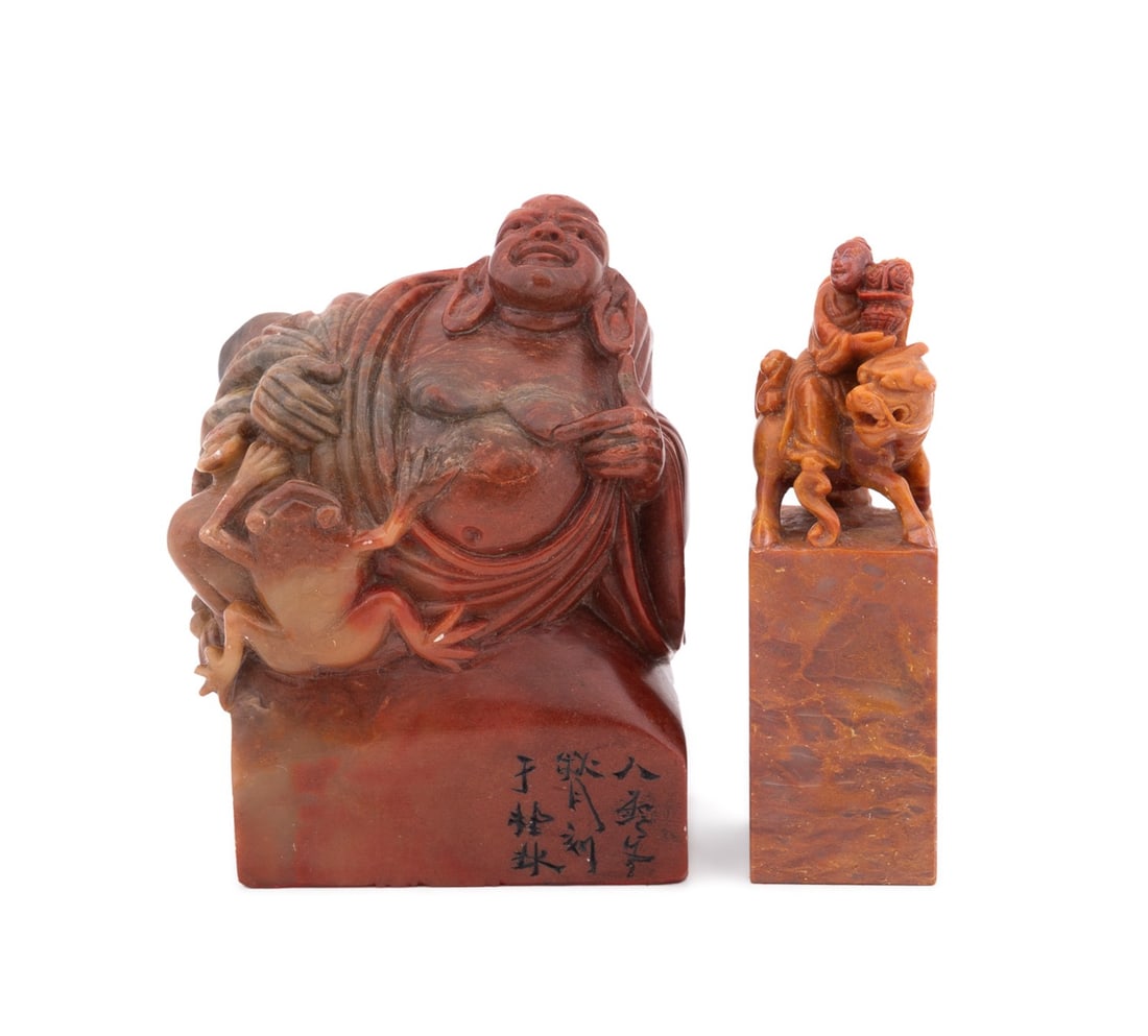 CHINESE, TWO CARVED SHOUSHAN SOAPSTONE SEALS (1 of 9)