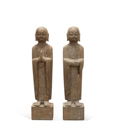 CHINESE, PAIR OF LARGE CARVED STONE LOHAN FIGURES