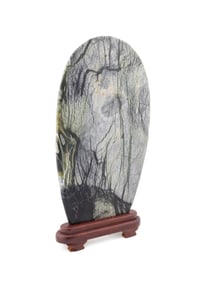 LARGE POLISHED JASPER DREAM STONE AND WOODEN STAND