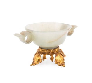 CHINESE CELADON LIBATION CUP ON GILT STAND