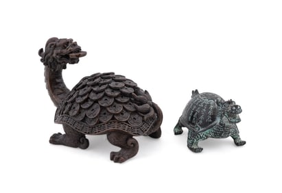 CHINESE, TWO BRONZE PROSPERITY DRAGON TURTLES