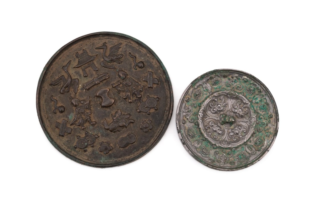 TWO CHINESE ANTIQUE TANG STYLE BRONZE MIRRORS (1 of 5)