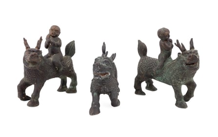 CHINESE, THREE BRONZE QILINS, INCL. HE-HE ERXIAN