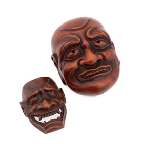 JAPANESE, TWO DIMINUTIVE NOH THEATRE MASKS