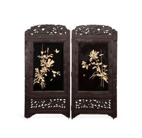 JAPANESE, PAIR OF WOODEN PANELS WITH BONE FLOWERS