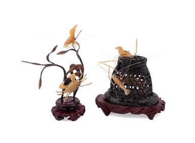 ASIAN, TWO BAISHI HORN SHRIMP & CRAB CARVINGS