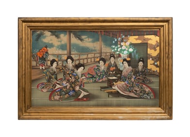 JAPANESE, "THE CALLIGRAPHY HOUR' HAND PAINTED SILK