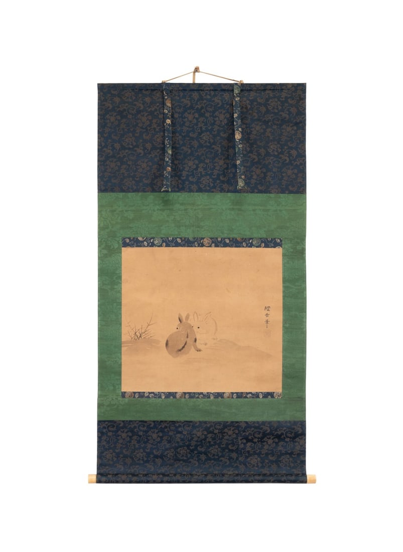 MANNER OF TETSUZAN, TWO RABBITS, HANGING SCROLL: Manner of Mori Tetsuzan (Japanese, 1775-1841). Untitled - Two Rabbits, color and ink on paper laid to silk, red character seal and inscribed to CR, two character seals and inscribed near fabric rod on