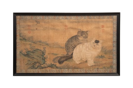 MANNER OF LANG SHINING, TWO CATS PAINTING ON PAPER
