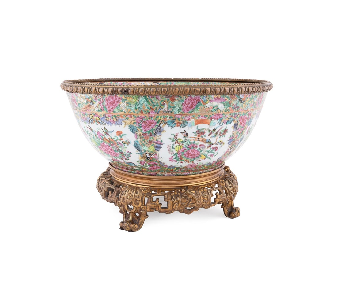 LARGE CHINESE BRONZE MOUNTED ROSE MEDALLION BOWL (1 of 9)